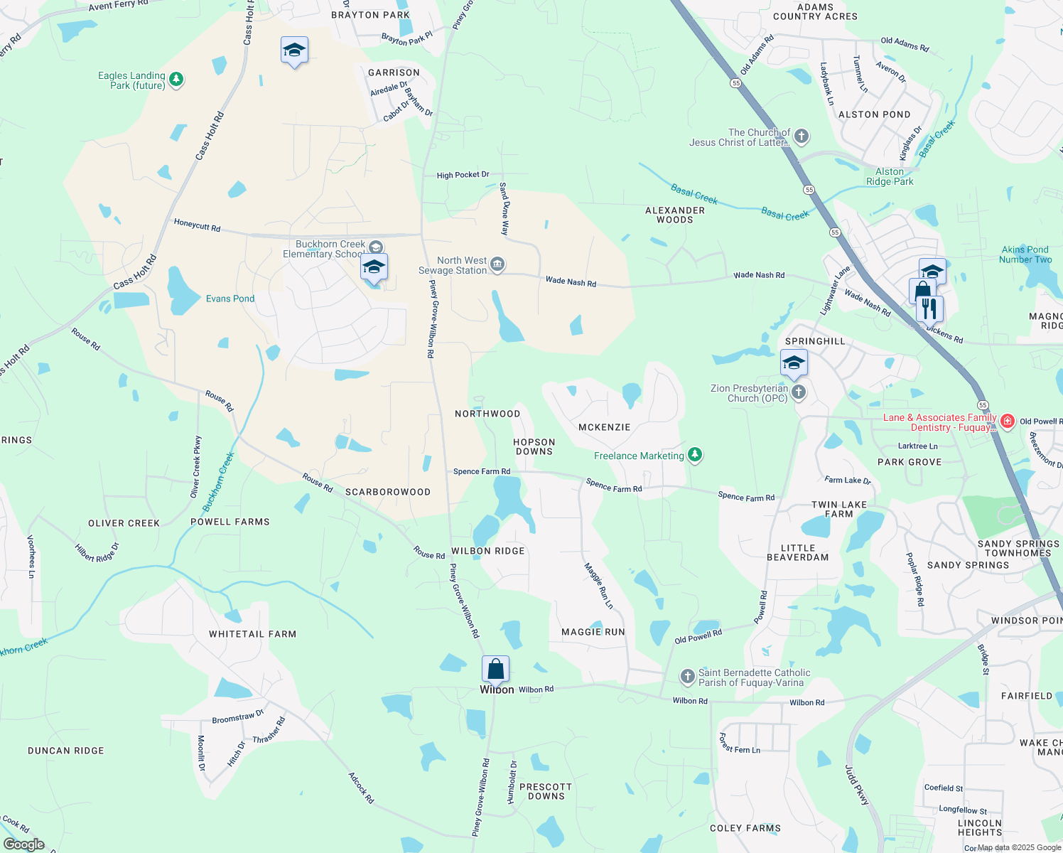 map of restaurants, bars, coffee shops, grocery stores, and more near 1413 Hopson Downs Court in Holly Springs