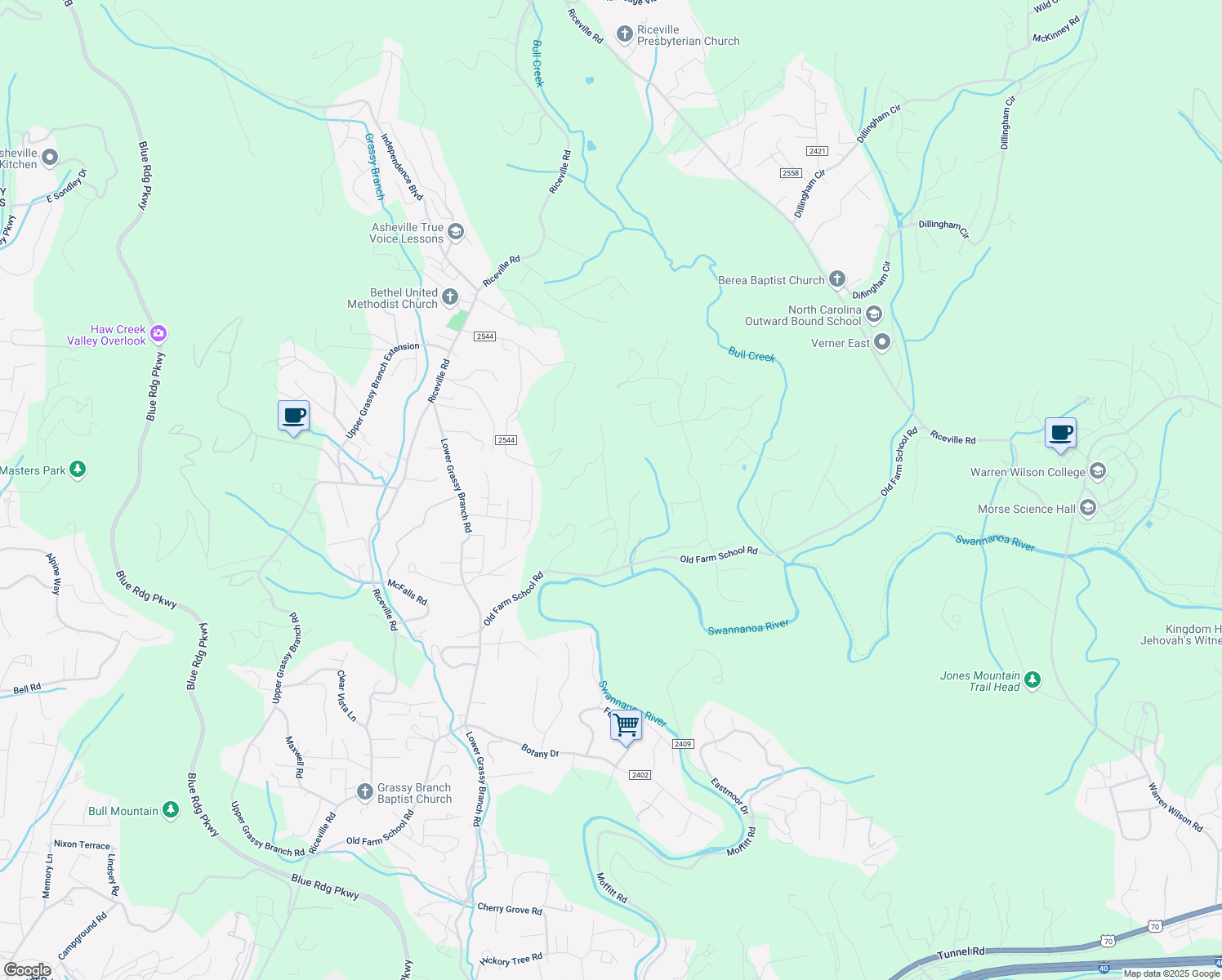map of restaurants, bars, coffee shops, grocery stores, and more near 20 Annie Lane in Asheville