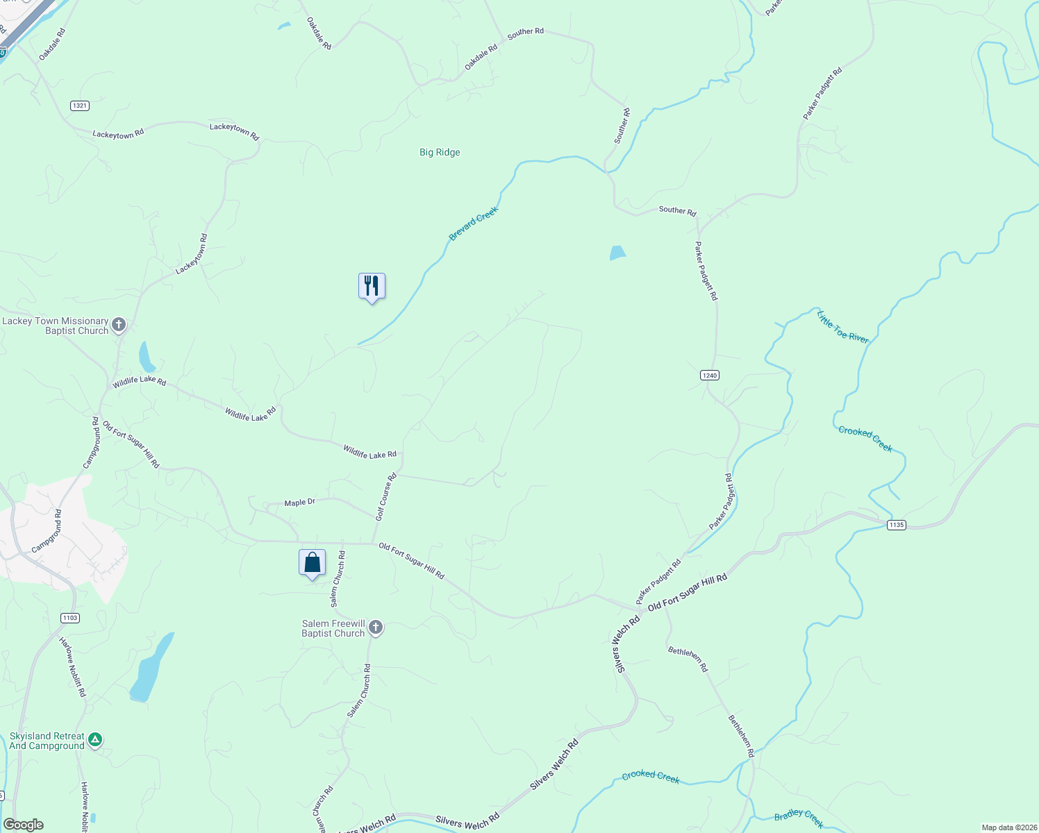 map of restaurants, bars, coffee shops, grocery stores, and more near 1423 Golf Course Road in Old Fort