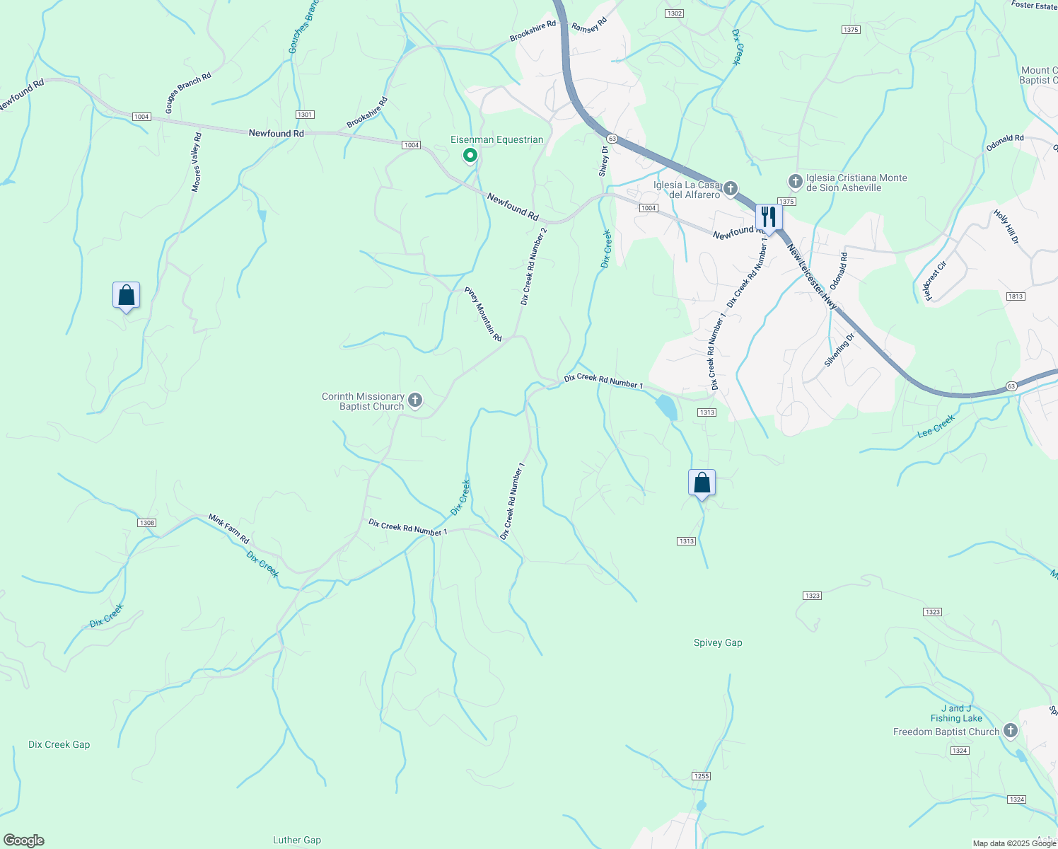 map of restaurants, bars, coffee shops, grocery stores, and more near 190 Dix Creek Road 1 in Leicester