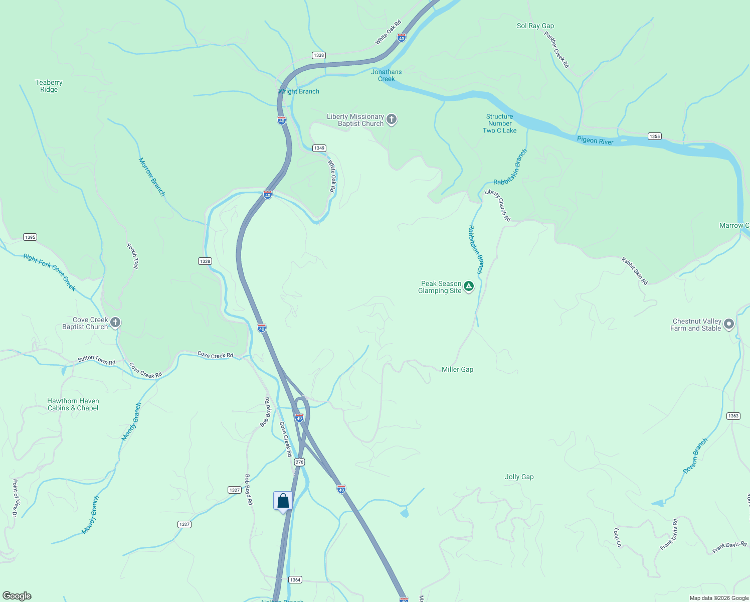 map of restaurants, bars, coffee shops, grocery stores, and more near 55 Baby Bunny Way in Waynesville