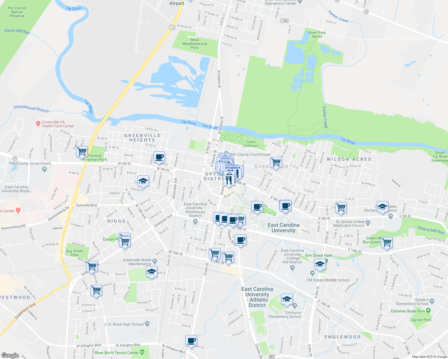 map of restaurants, bars, coffee shops, grocery stores, and more near 400-498 State Road 1702 in Greenville