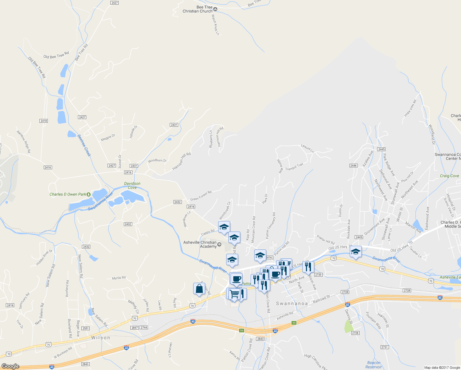 map of restaurants, bars, coffee shops, grocery stores, and more near 80 Green Forest Road in Swannanoa