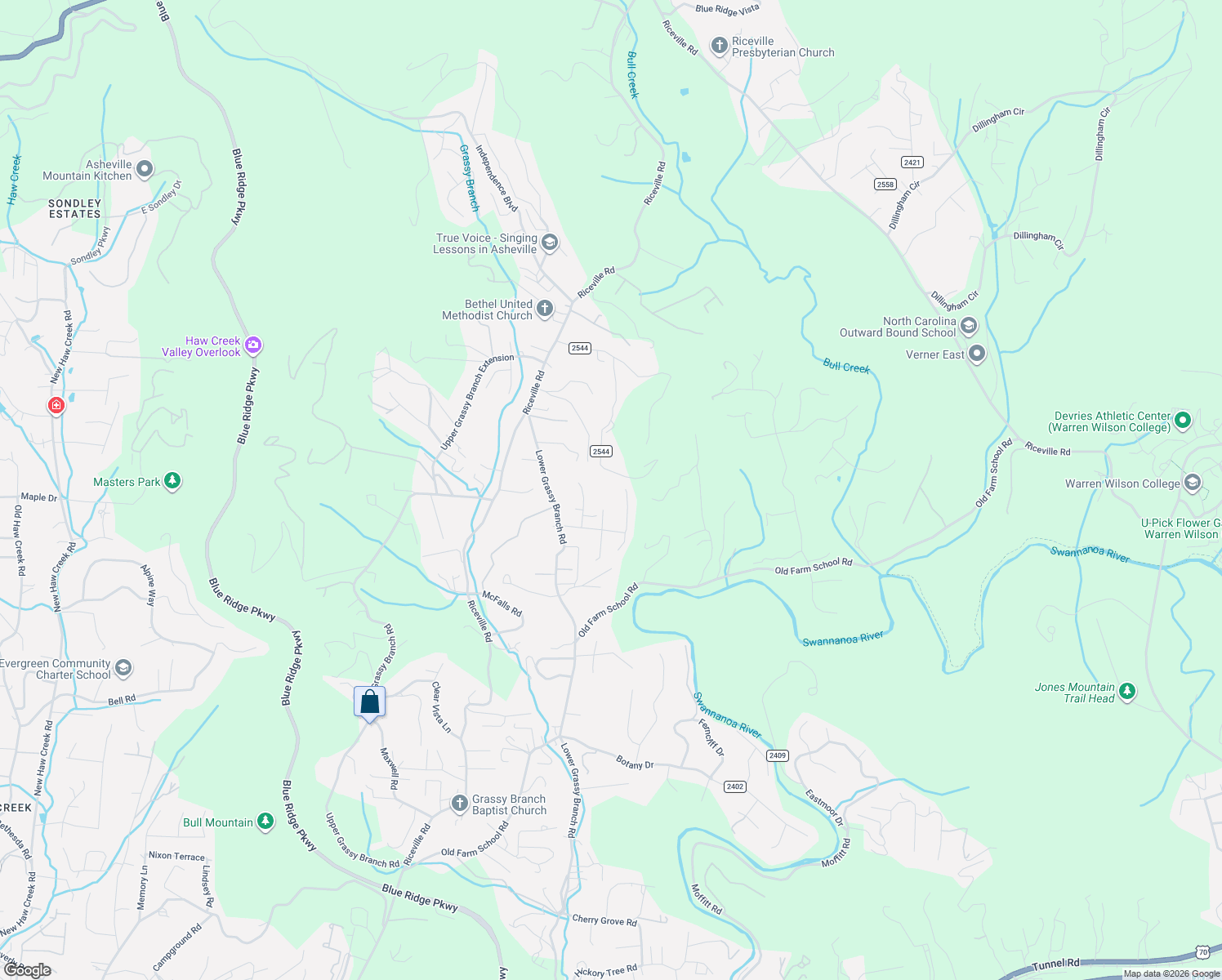map of restaurants, bars, coffee shops, grocery stores, and more near 83 Wolf Road in Asheville