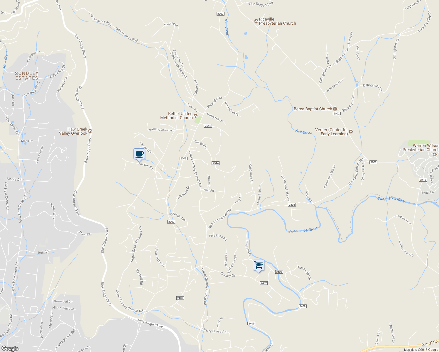 map of restaurants, bars, coffee shops, grocery stores, and more near 83 Wolf Road in Asheville