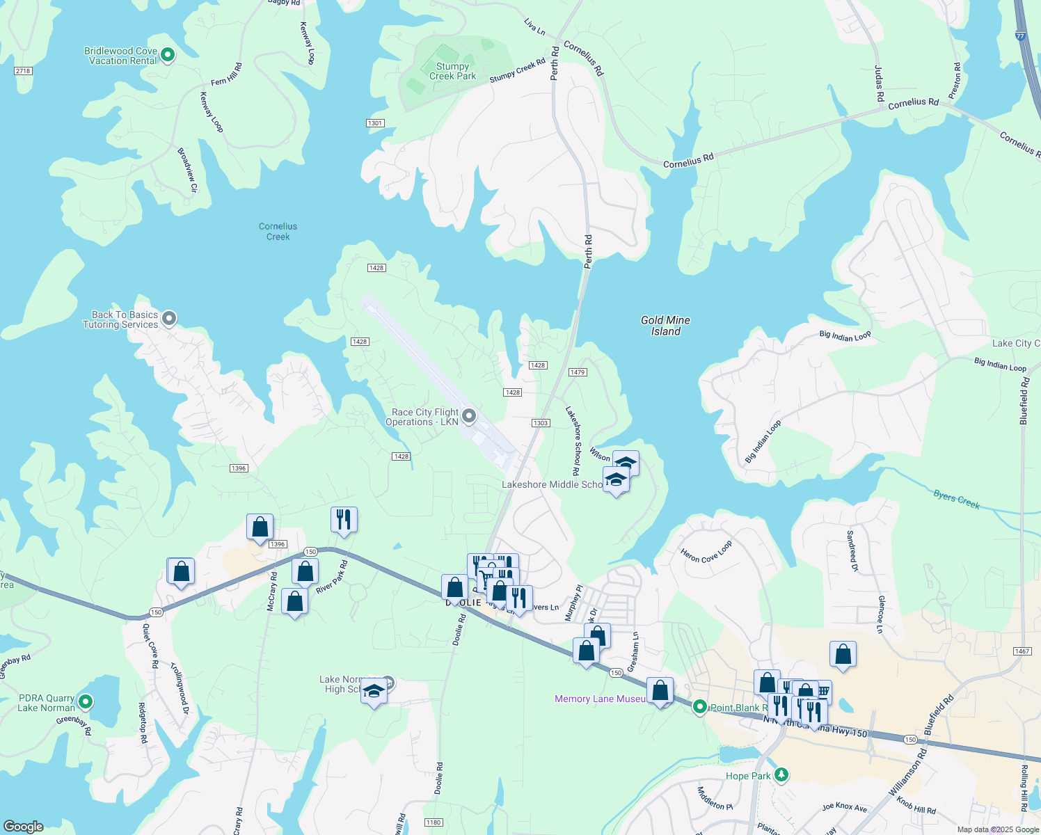 map of restaurants, bars, coffee shops, grocery stores, and more near 128 Audrey Lane in Mooresville