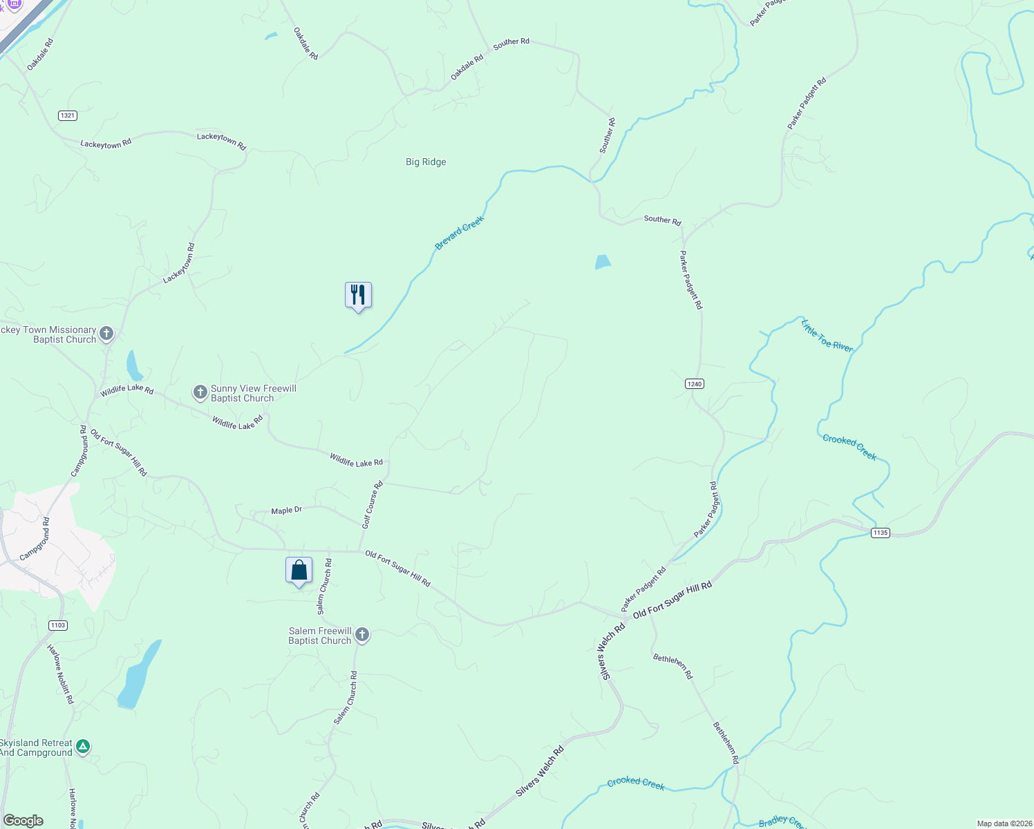 map of restaurants, bars, coffee shops, grocery stores, and more near 1423 Golf Course Road in Old Fort
