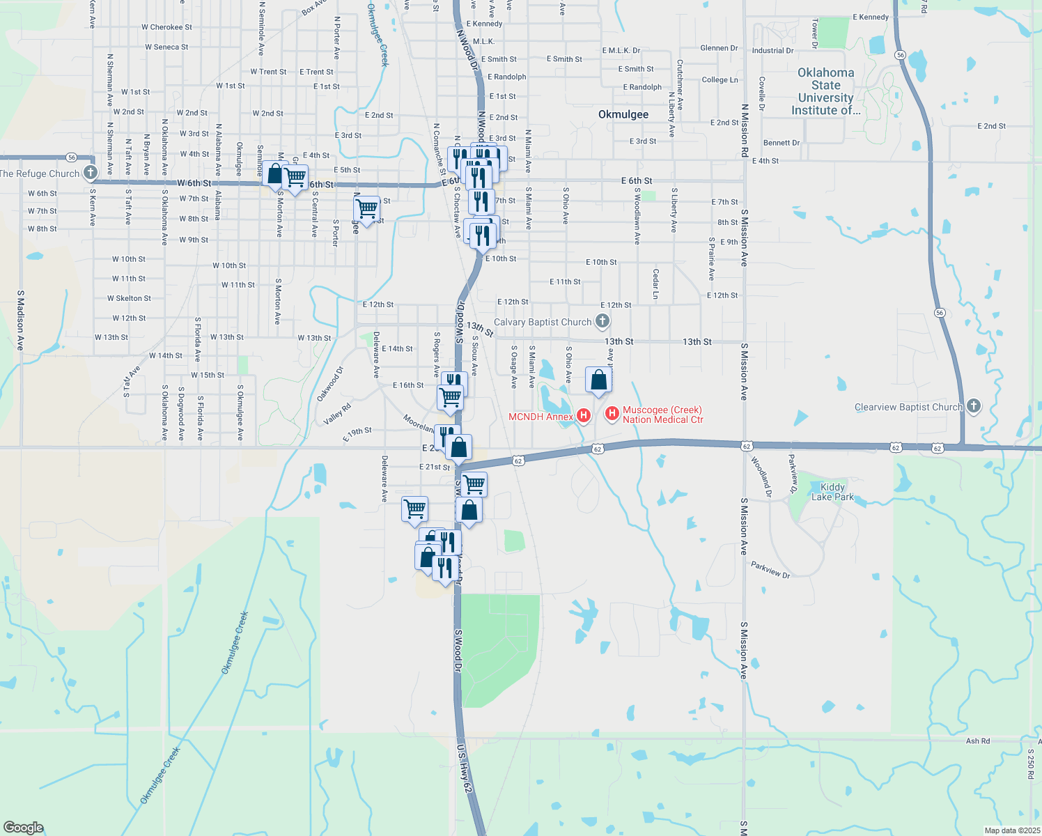 map of restaurants, bars, coffee shops, grocery stores, and more near 1205 South Osage Avenue in Okmulgee