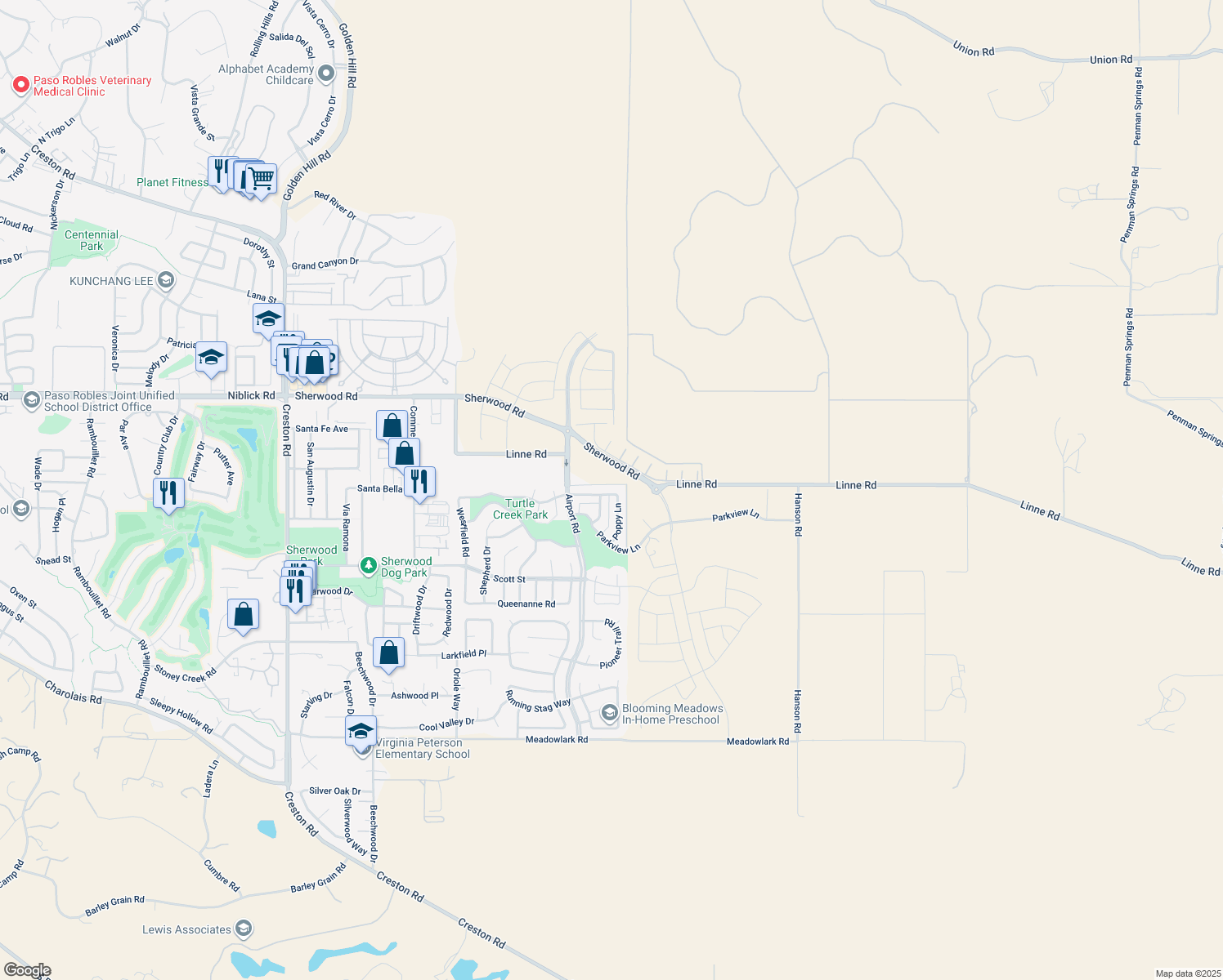 map of restaurants, bars, coffee shops, grocery stores, and more near 1121 Turtle Creek Road in Paso Robles