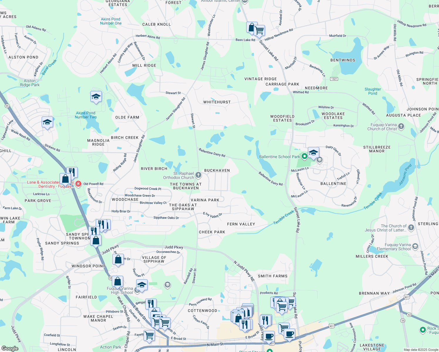 map of restaurants, bars, coffee shops, grocery stores, and more near 2117 Crockett Ridge Road in Fuquay Varina