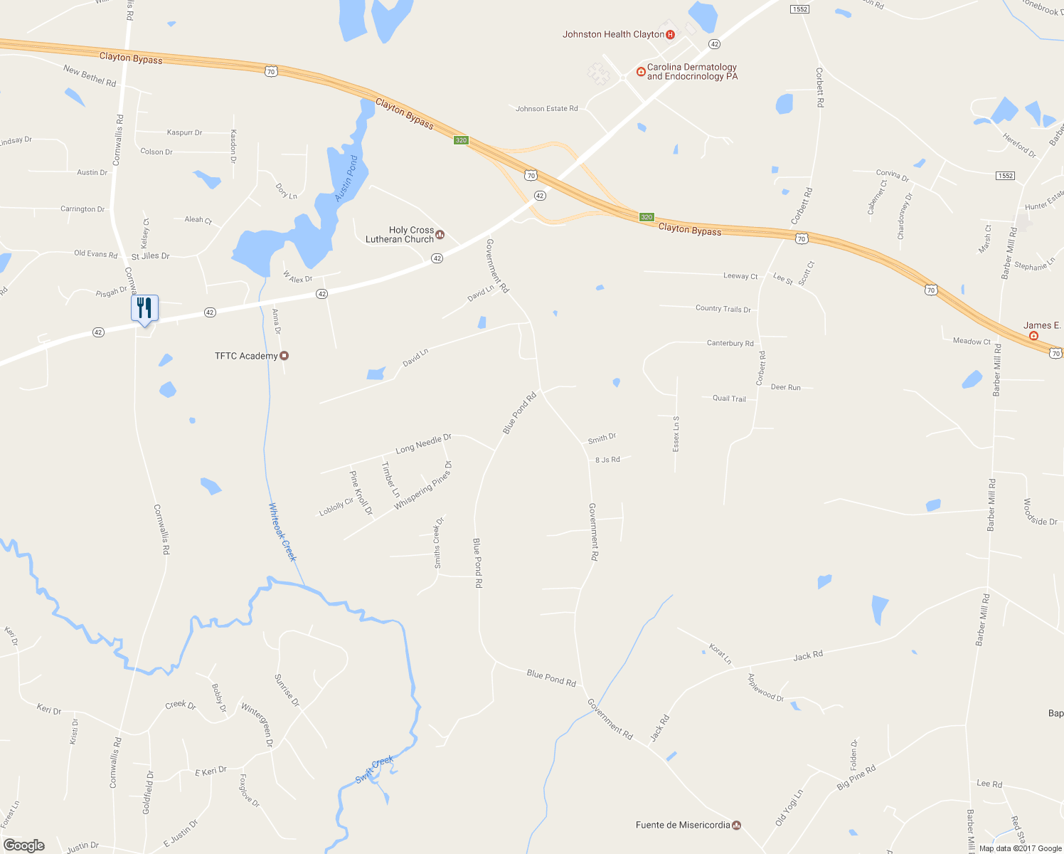 map of restaurants, bars, coffee shops, grocery stores, and more near 940 Blue Pond Road in Clayton