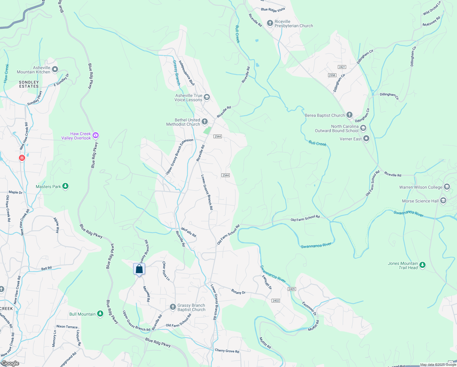map of restaurants, bars, coffee shops, grocery stores, and more near 83 Wolf Road in Asheville