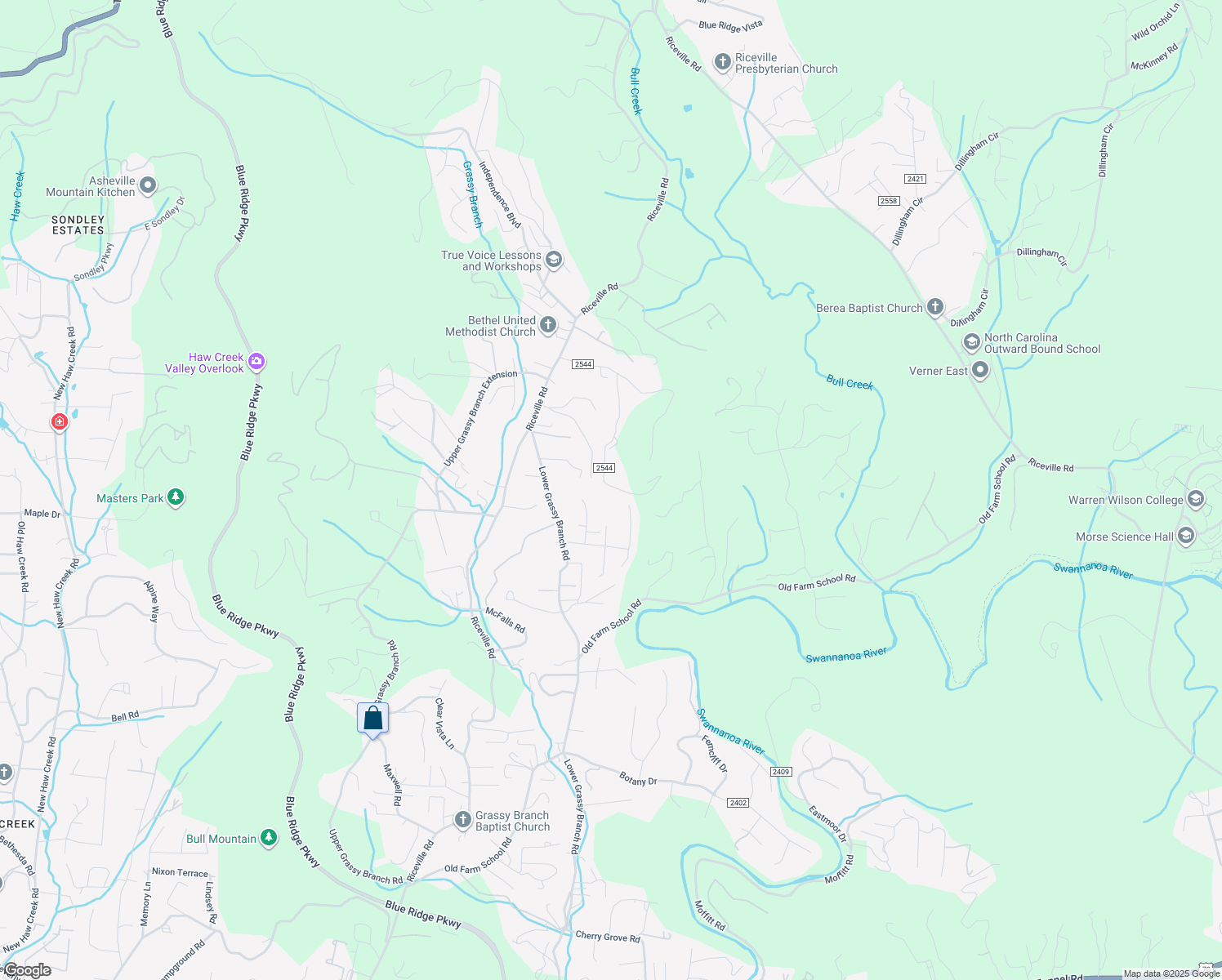 map of restaurants, bars, coffee shops, grocery stores, and more near 83 Wolf Road in Asheville