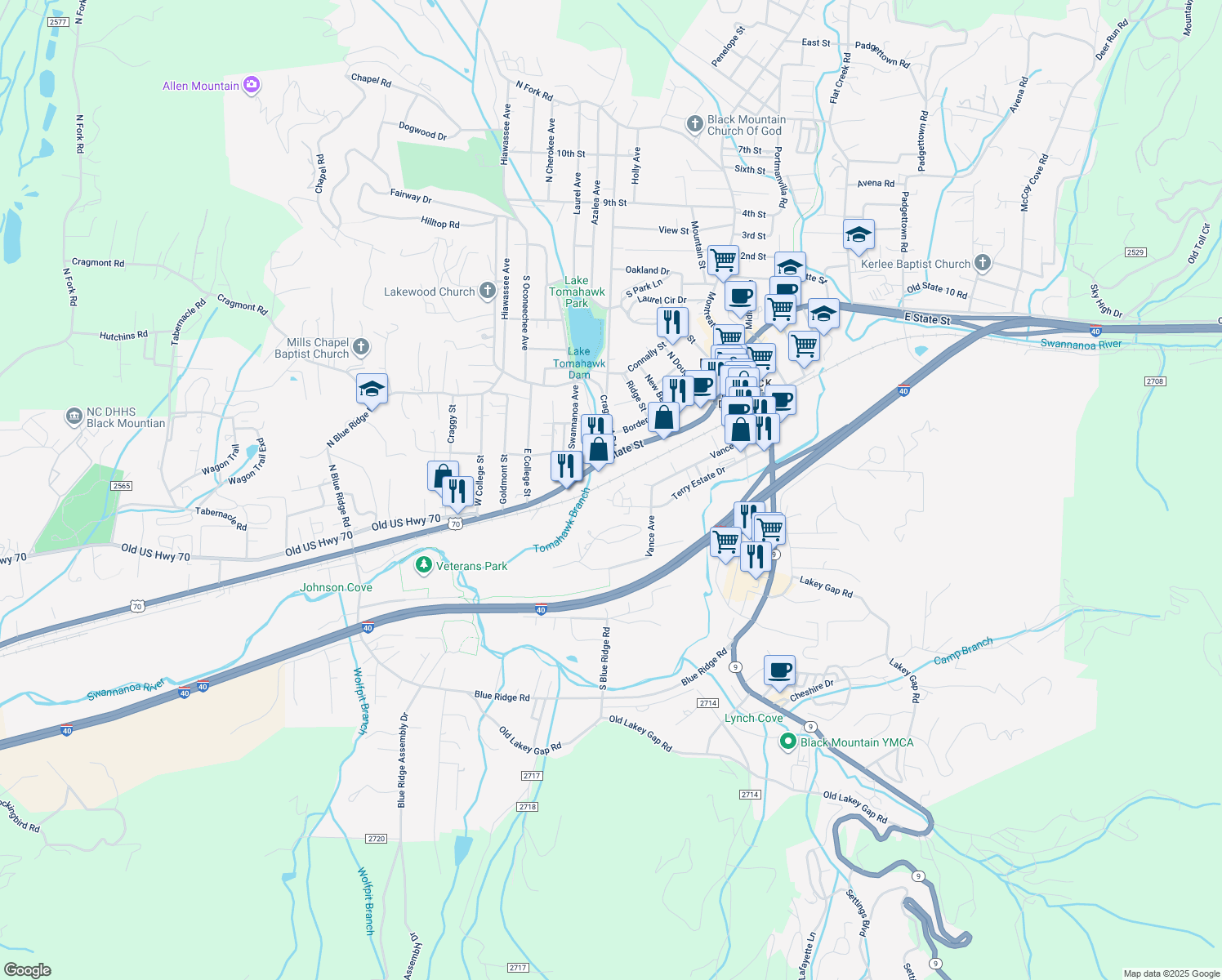 map of restaurants, bars, coffee shops, grocery stores, and more near 19 Amy's Way in Black Mountain
