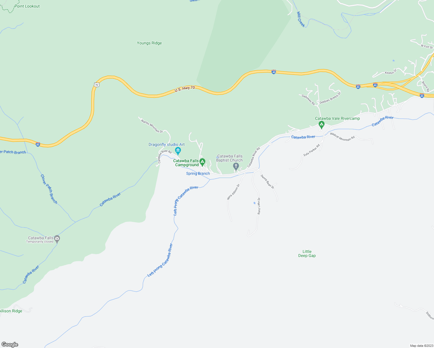 map of restaurants, bars, coffee shops, grocery stores, and more near 2501 Catawba River Road in Old Fort