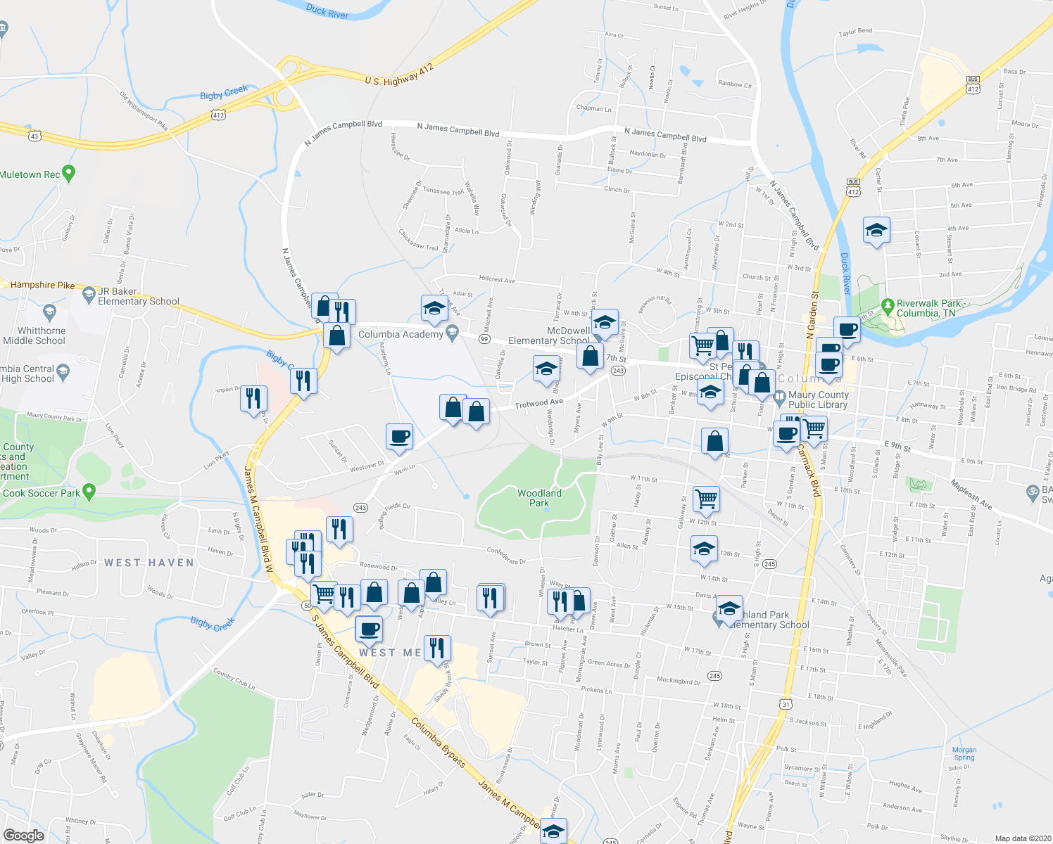 map of restaurants, bars, coffee shops, grocery stores, and more near 102 Dodson Drive in Columbia