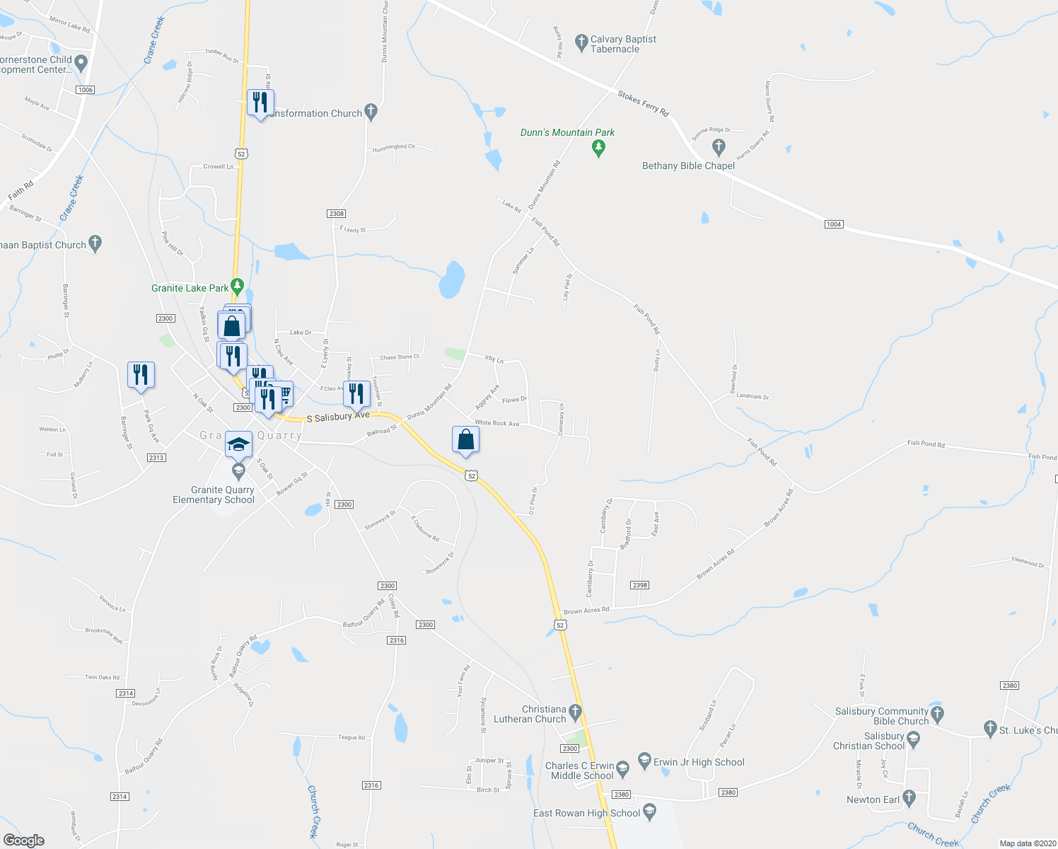 map of restaurants, bars, coffee shops, grocery stores, and more near White Rock Avenue in Salisbury