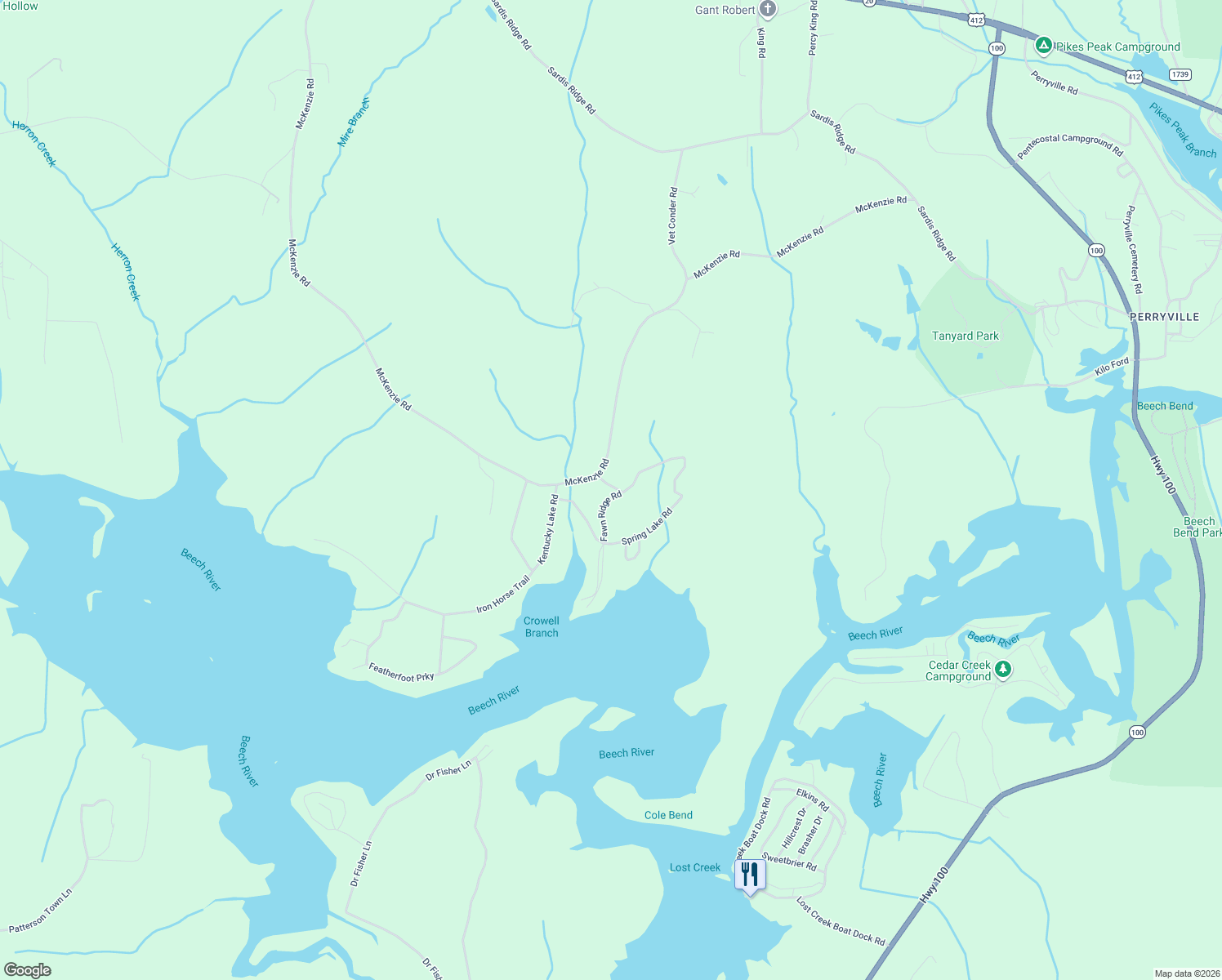 map of restaurants, bars, coffee shops, grocery stores, and more near 32 Fawn Ridge Road in Parsons