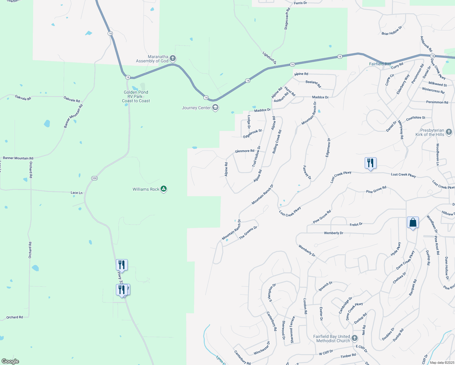 map of restaurants, bars, coffee shops, grocery stores, and more near Bright Circle in Fairfield Bay