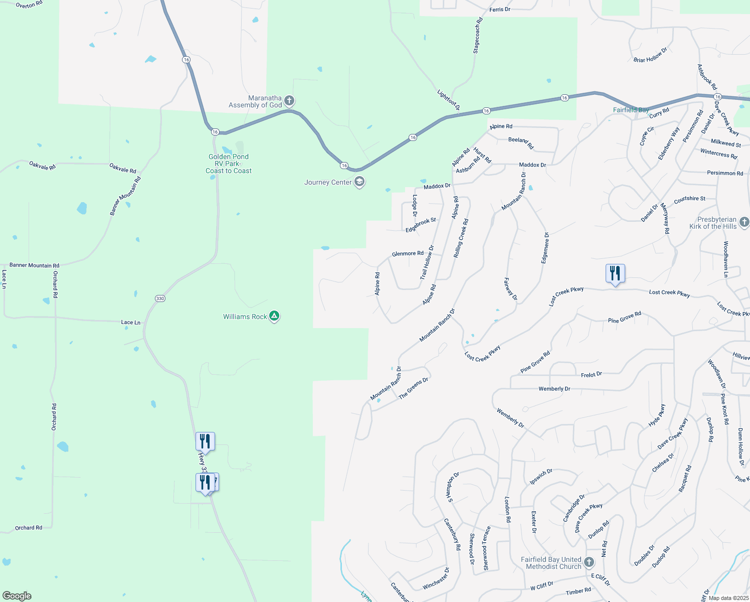 map of restaurants, bars, coffee shops, grocery stores, and more near Bright Circle in Fairfield Bay