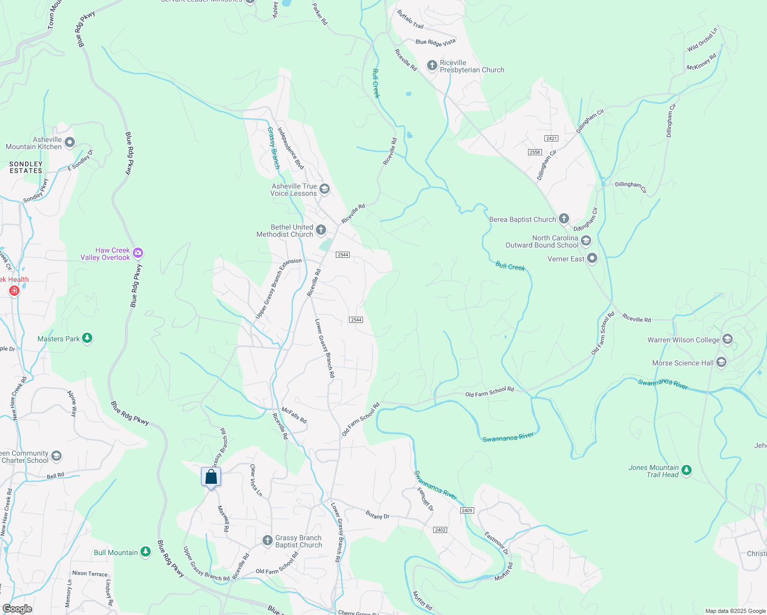 map of restaurants, bars, coffee shops, grocery stores, and more near 125 Reed Road in Asheville