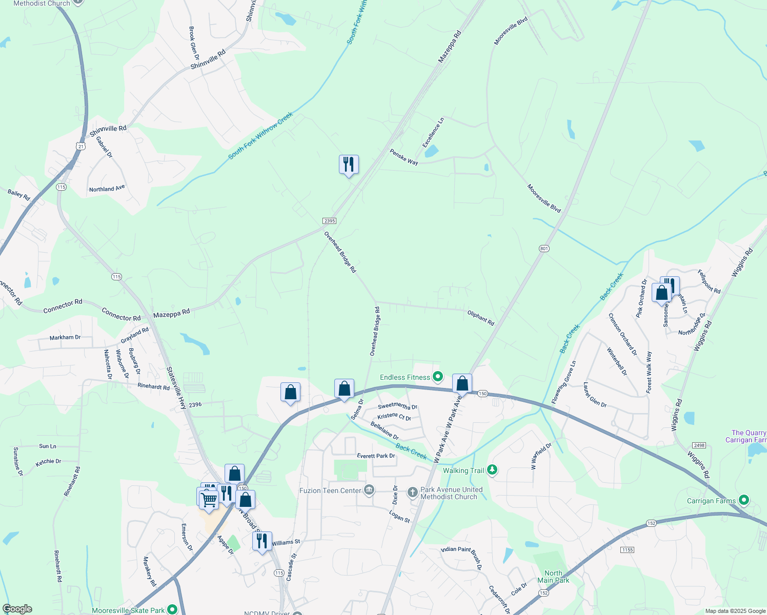 map of restaurants, bars, coffee shops, grocery stores, and more near 108 Oliphant Road in Mooresville