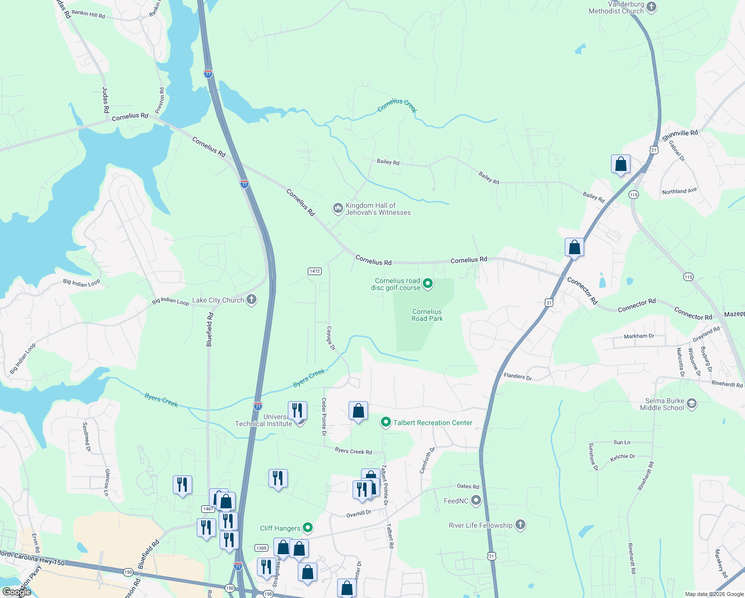 map of restaurants, bars, coffee shops, grocery stores, and more near 140 Silverlining Road in Mooresville