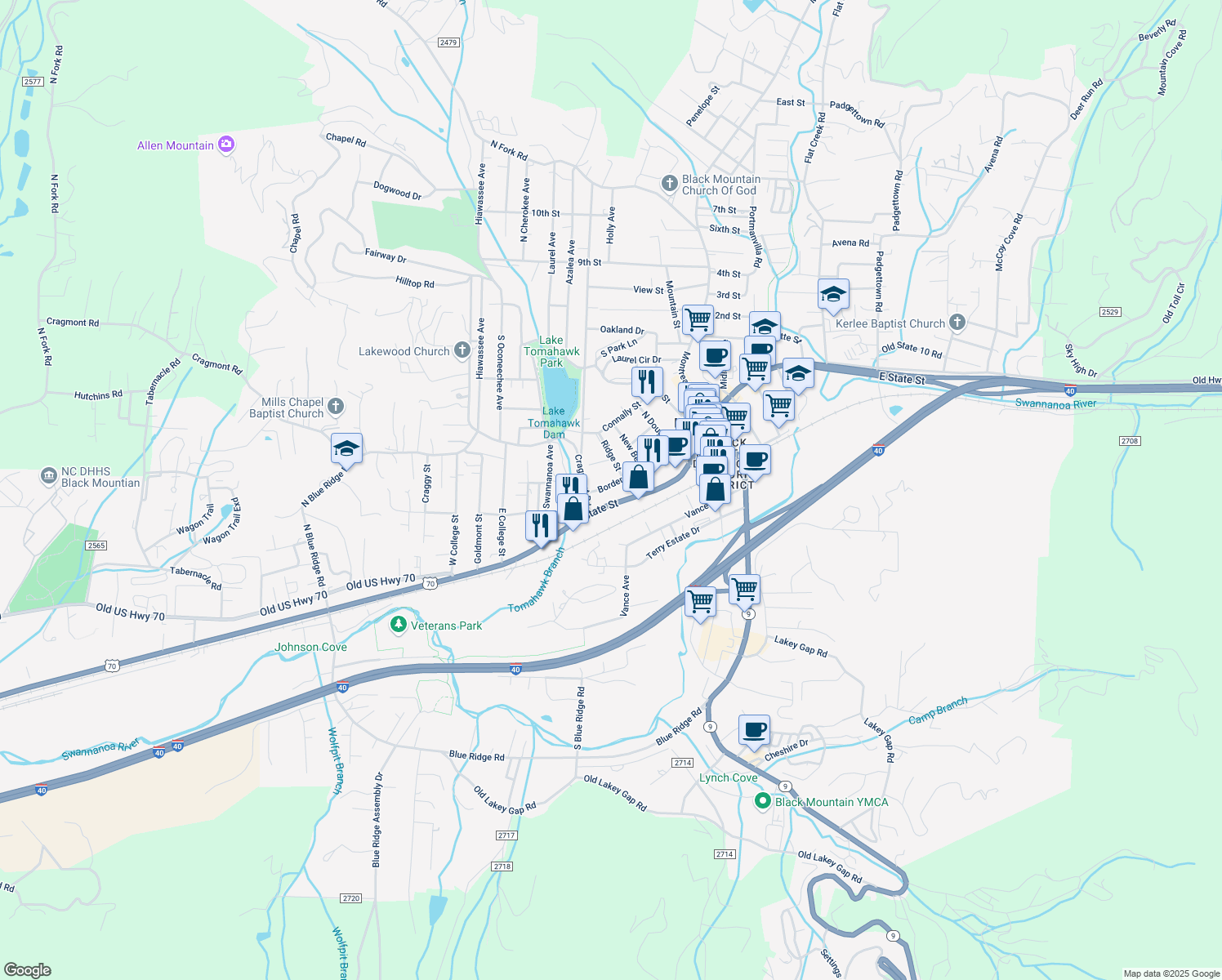 map of restaurants, bars, coffee shops, grocery stores, and more near 203 Border Street in Black Mountain