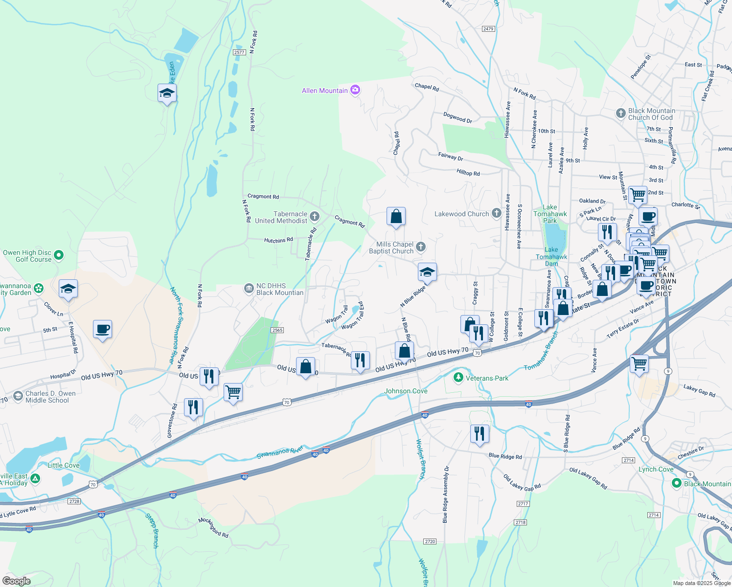 map of restaurants, bars, coffee shops, grocery stores, and more near 49 Wagon Trail in Black Mountain