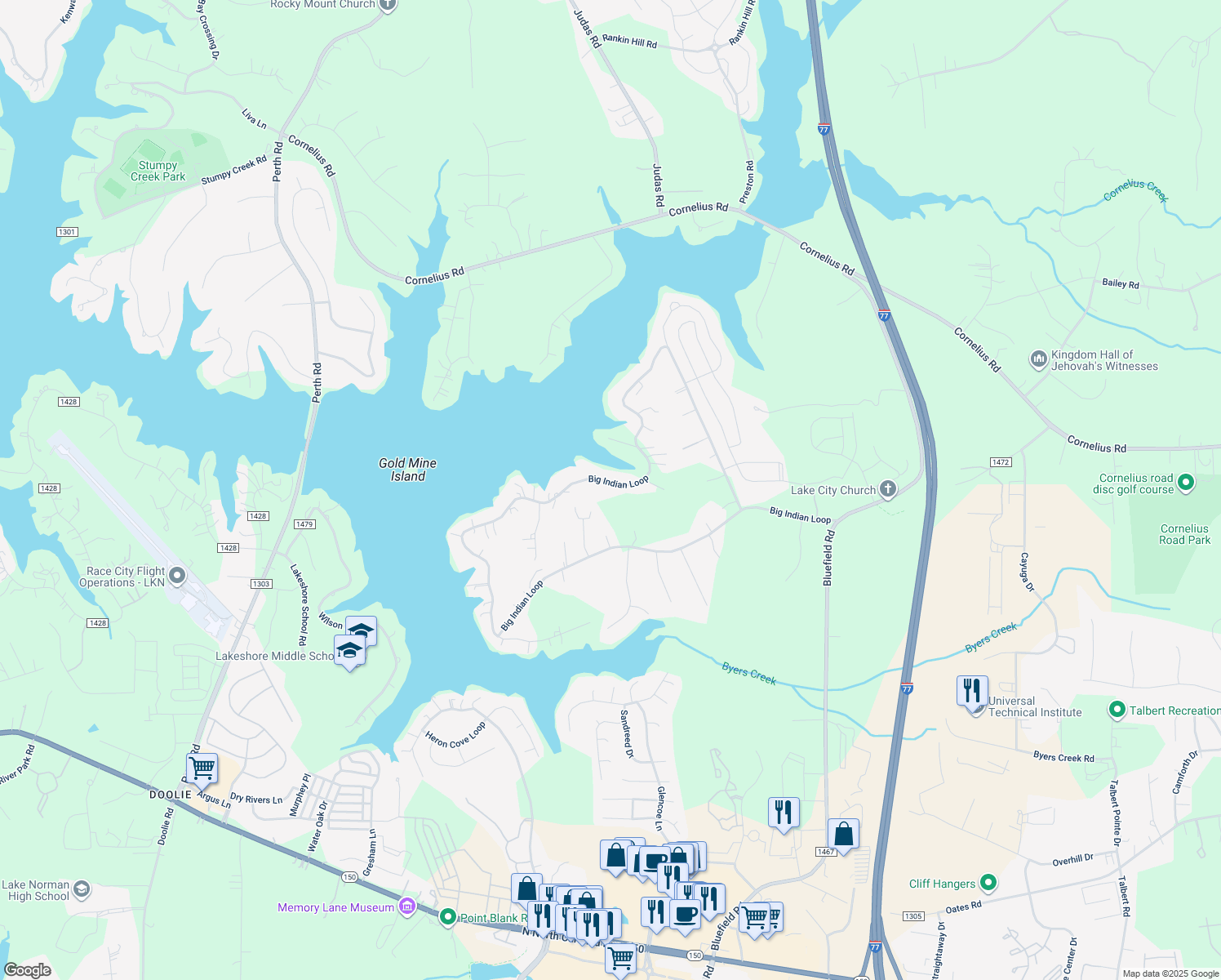 map of restaurants, bars, coffee shops, grocery stores, and more near 602 Big Indian Loop in Mooresville