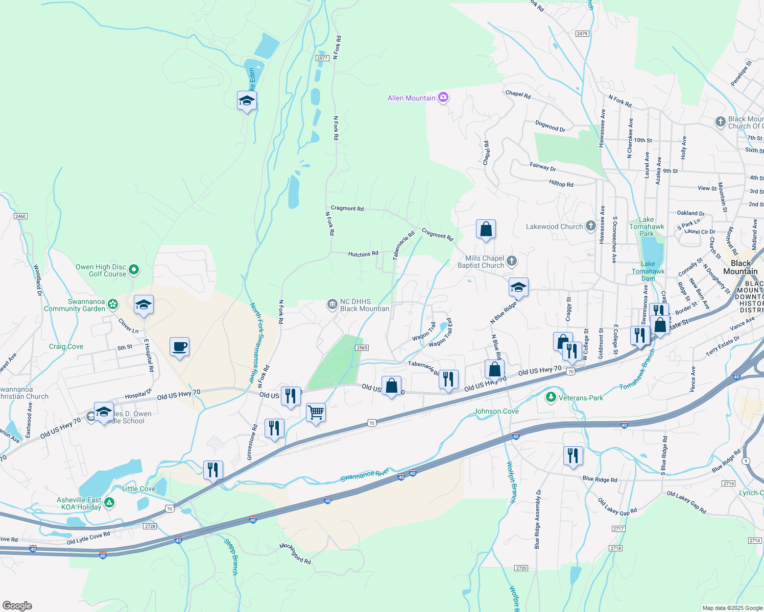 map of restaurants, bars, coffee shops, grocery stores, and more near 305 Tabernacle Road in Black Mountain