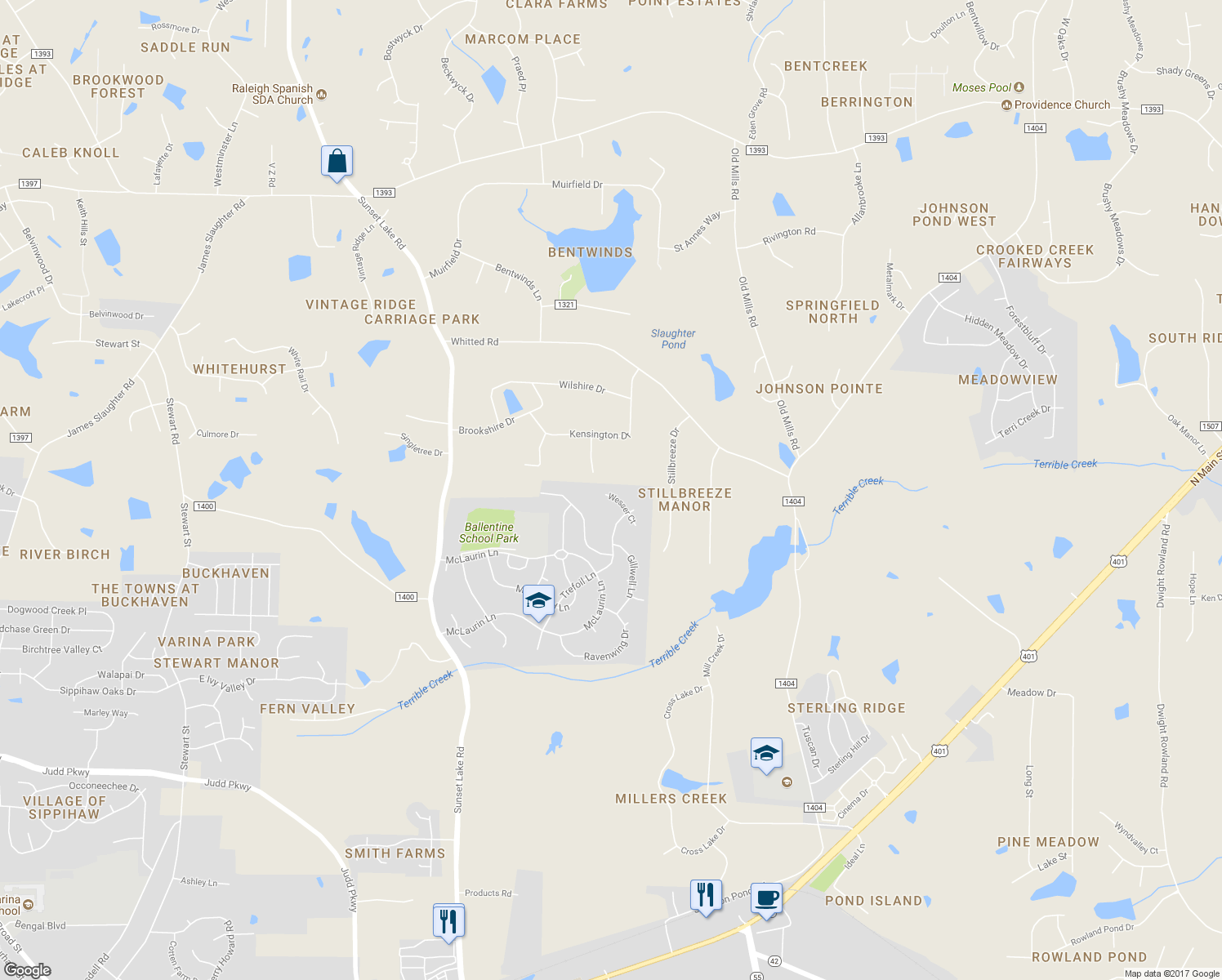 map of restaurants, bars, coffee shops, grocery stores, and more near 1413 Wesser Court in Fuquay Varina