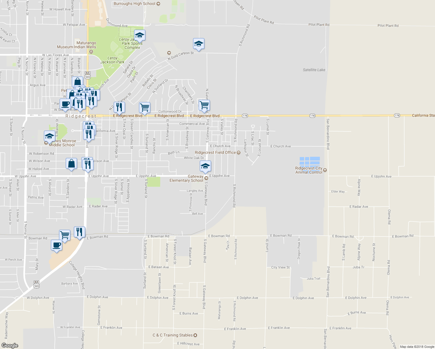map of restaurants, bars, coffee shops, grocery stores, and more near 436 South Fountain Street in Ridgecrest