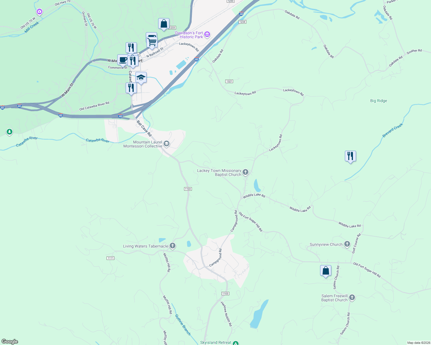 map of restaurants, bars, coffee shops, grocery stores, and more near 335 Old Fort Sugar Hill Road in Old Fort
