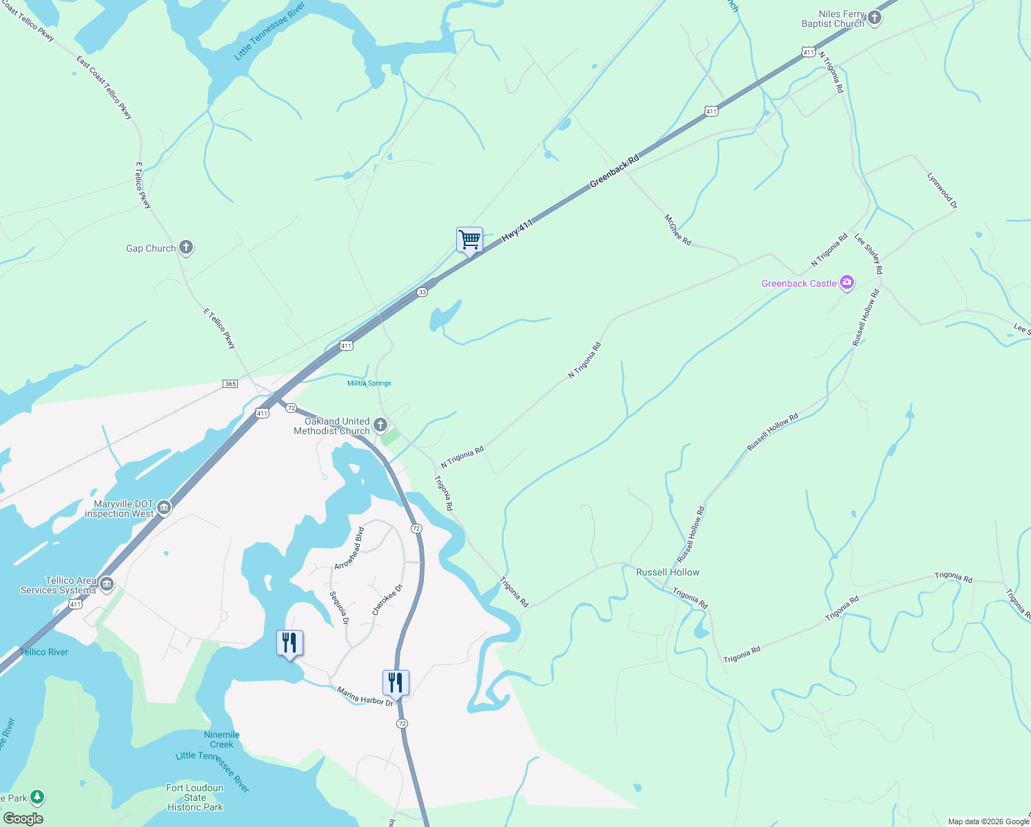 map of restaurants, bars, coffee shops, grocery stores, and more near 8450 N Trigonia Rd in Greenback