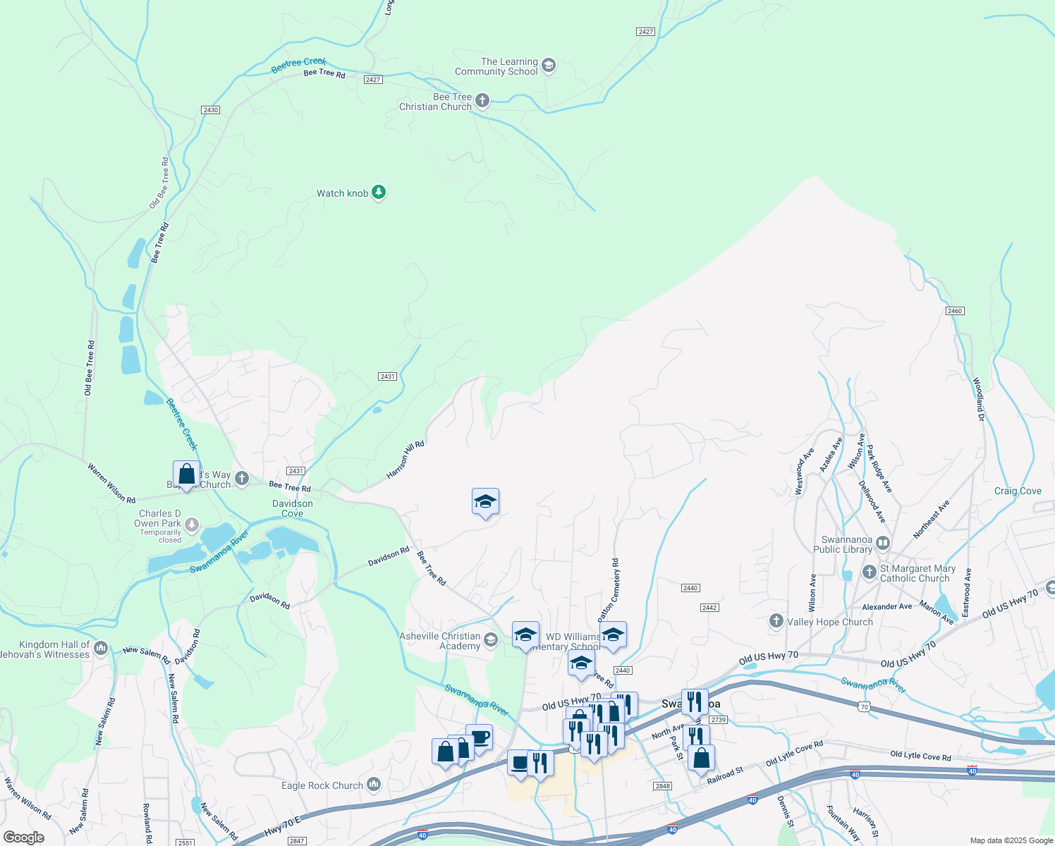 map of restaurants, bars, coffee shops, grocery stores, and more near 303 Harrison Hill Road in Swannanoa