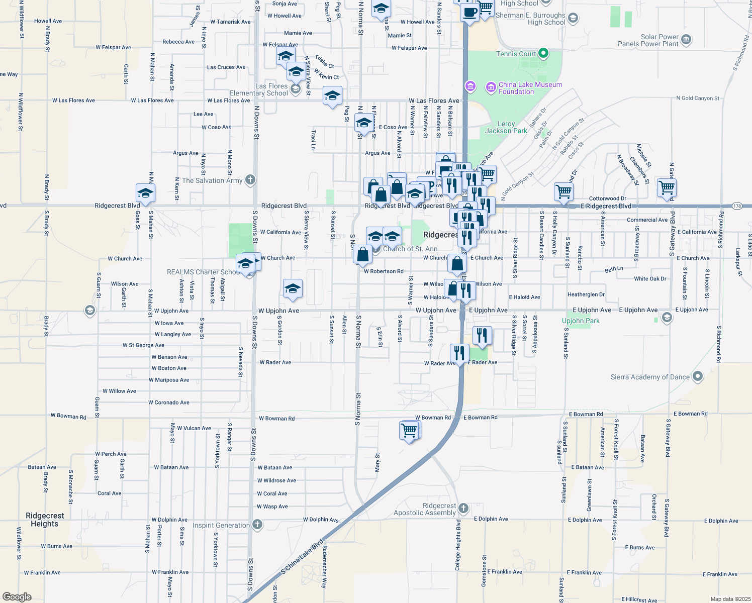 map of restaurants, bars, coffee shops, grocery stores, and more near 409 West Haloid Avenue in Ridgecrest