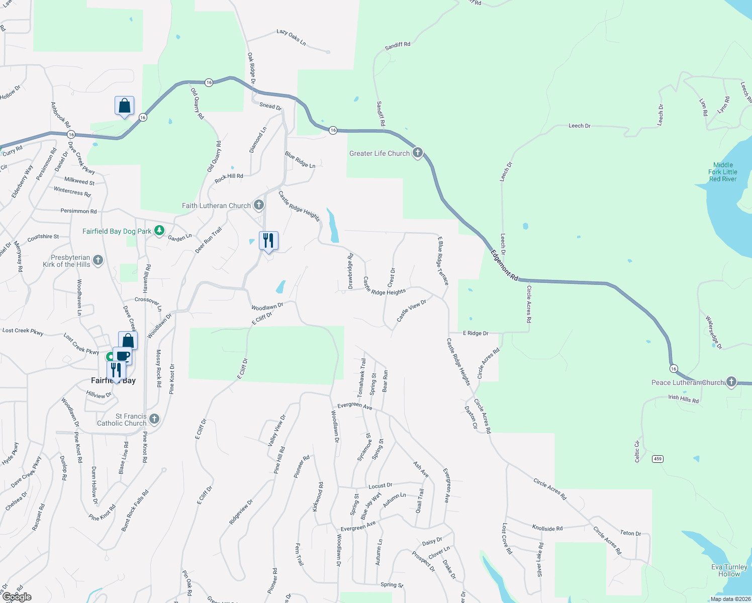map of restaurants, bars, coffee shops, grocery stores, and more near 328 Castle Ridge Heights in Fairfield Bay