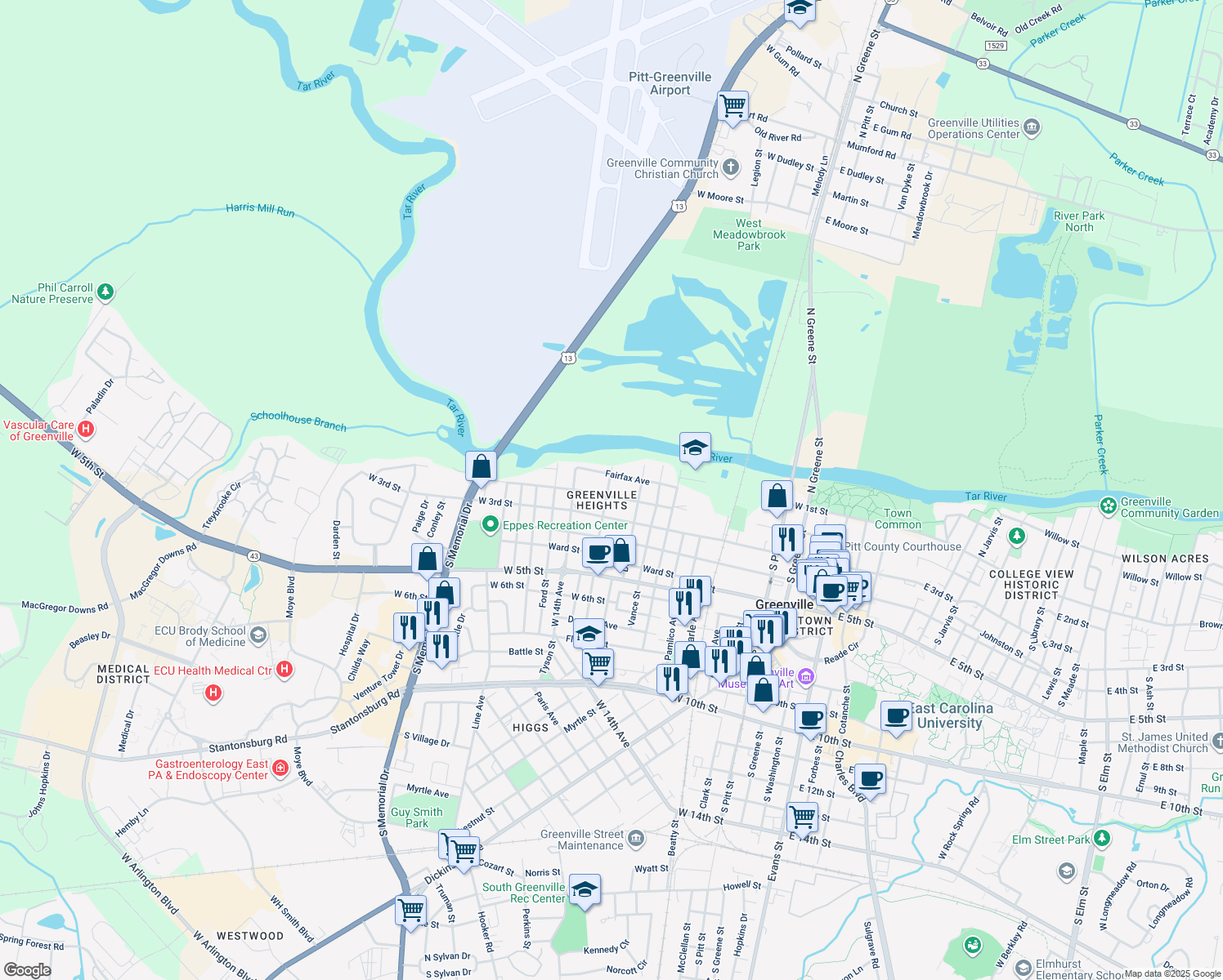 map of restaurants, bars, coffee shops, grocery stores, and more near 1016 Colonial Avenue in Greenville