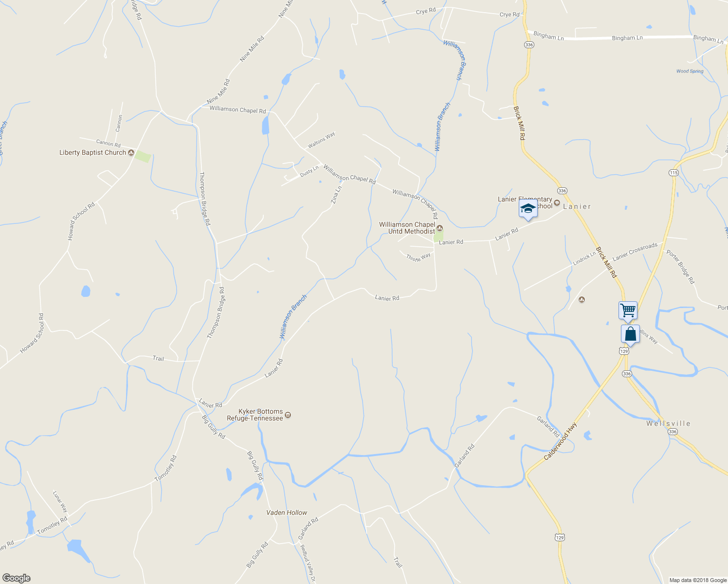 map of restaurants, bars, coffee shops, grocery stores, and more near 6512 Lanier Road in Maryville