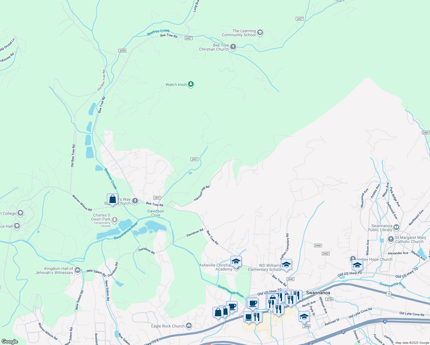 map of restaurants, bars, coffee shops, grocery stores, and more near 128 Harrison Hill Road in Swannanoa