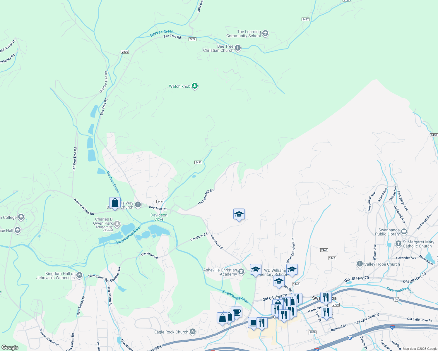 map of restaurants, bars, coffee shops, grocery stores, and more near 128 Harrison Hill Road in Swannanoa