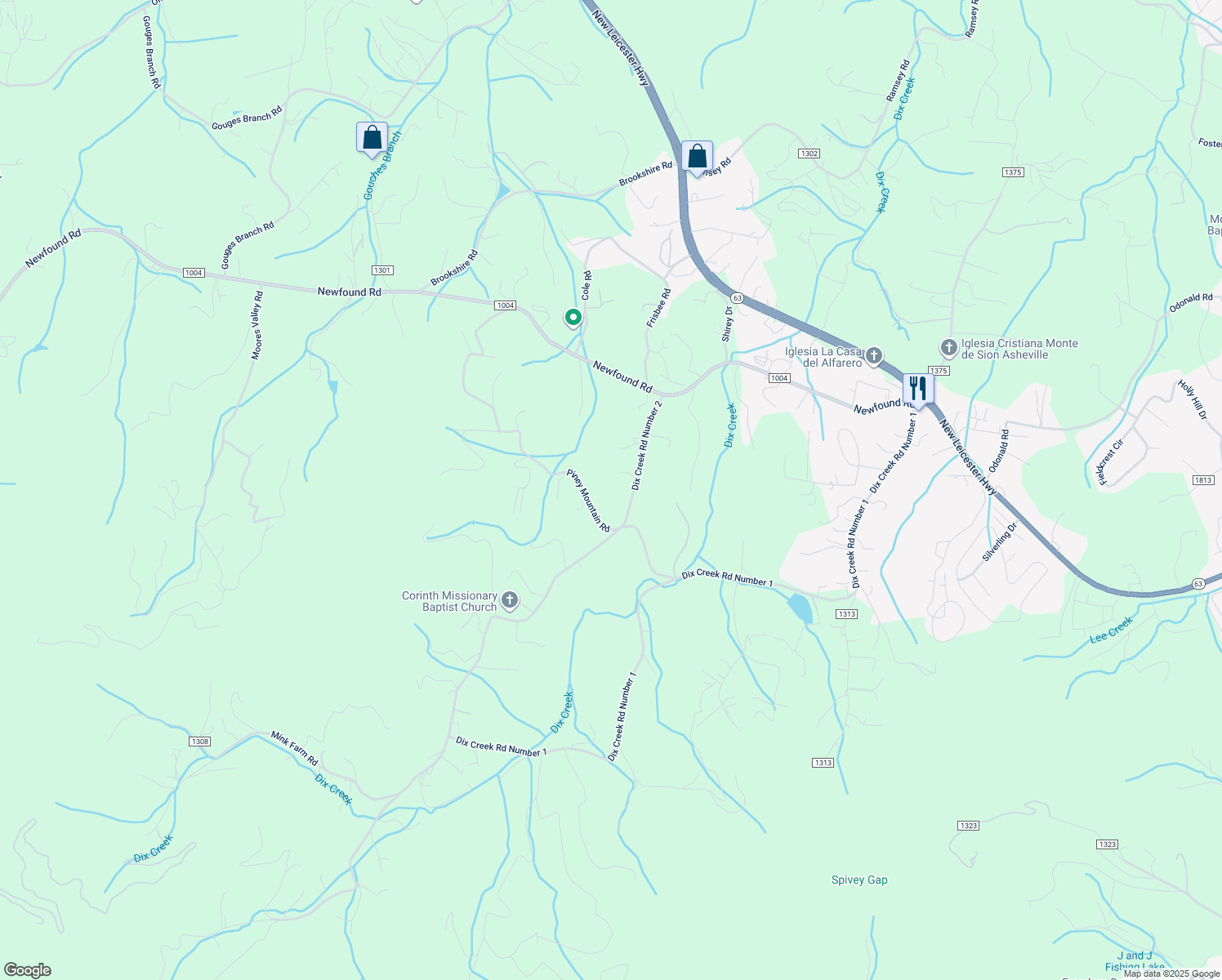 map of restaurants, bars, coffee shops, grocery stores, and more near 61 Dix Creek Road 2 in Leicester