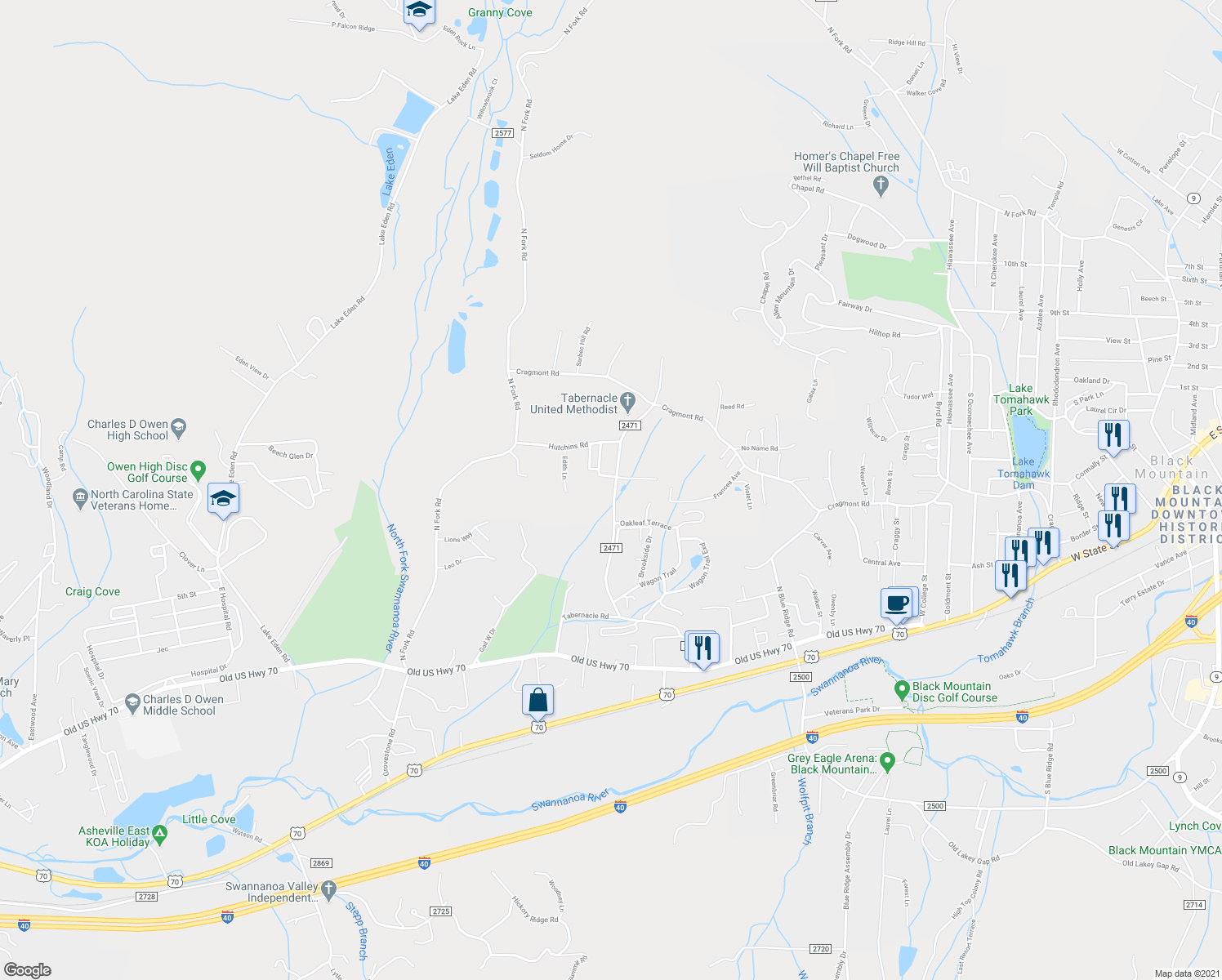 map of restaurants, bars, coffee shops, grocery stores, and more near 319 Tabernacle Road in Black Mountain