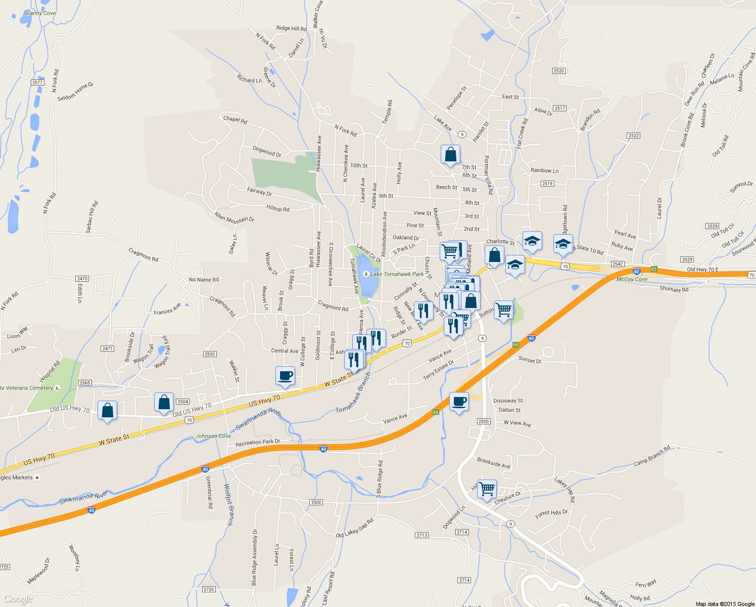 map of restaurants, bars, coffee shops, grocery stores, and more near 105 Rhododendron Avenue in Black Mountain