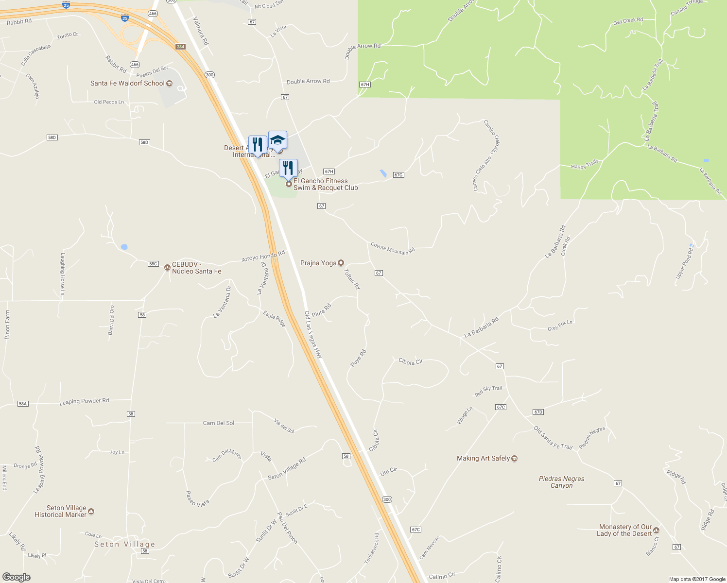 map of restaurants, bars, coffee shops, grocery stores, and more near 2 Toltec Road in Santa Fe