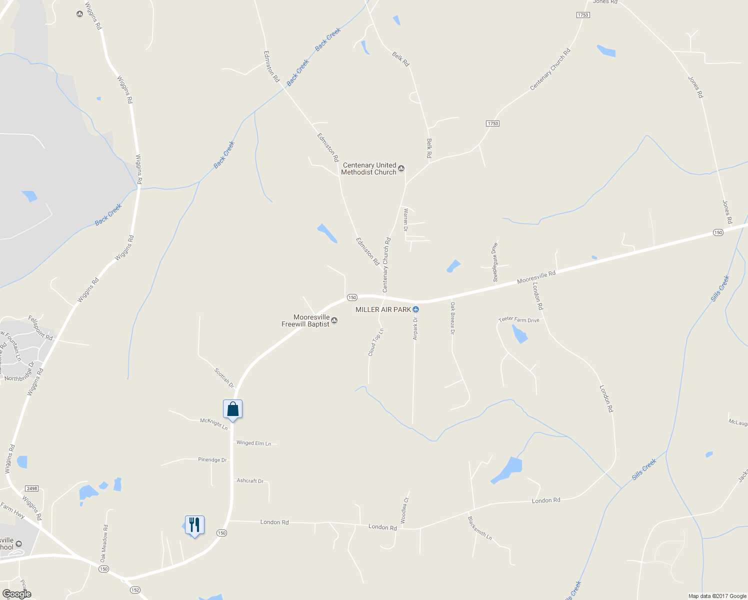 map of restaurants, bars, coffee shops, grocery stores, and more near 17389 Mooresville Road in Mooresville