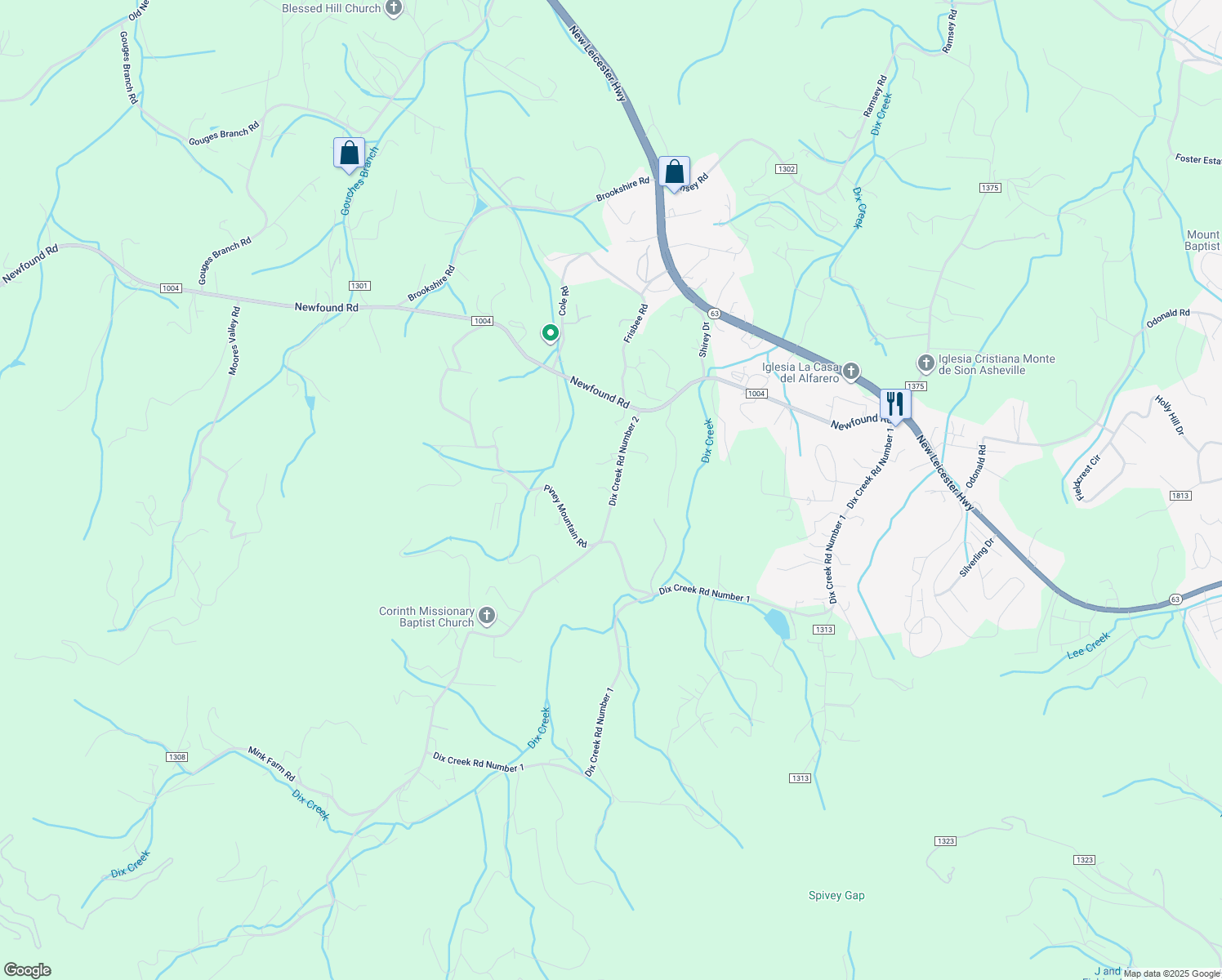 map of restaurants, bars, coffee shops, grocery stores, and more near 61 Dix Creek Road Number 2 in Leicester