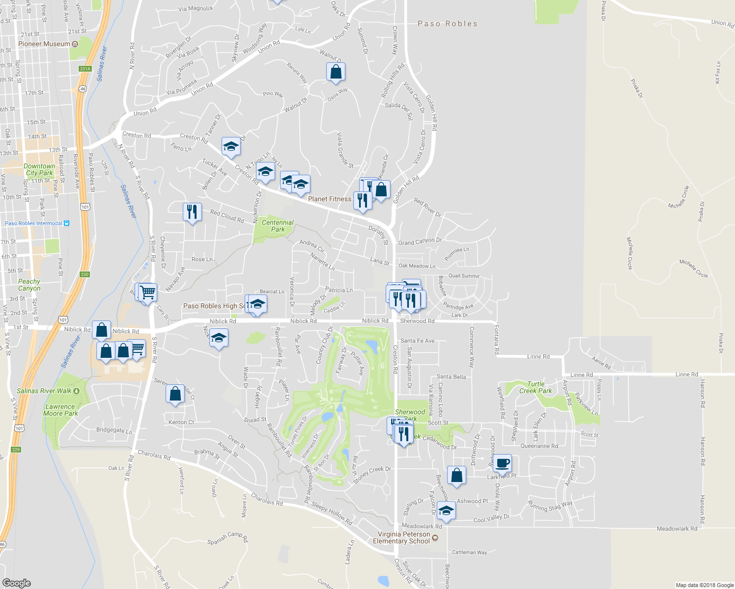 map of restaurants, bars, coffee shops, grocery stores, and more near 286 Ginger Lane in Paso Robles
