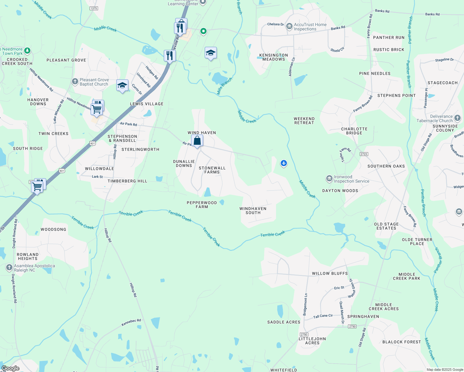 map of restaurants, bars, coffee shops, grocery stores, and more near 5632 Soft Wind Dr in Fuquay-Varina